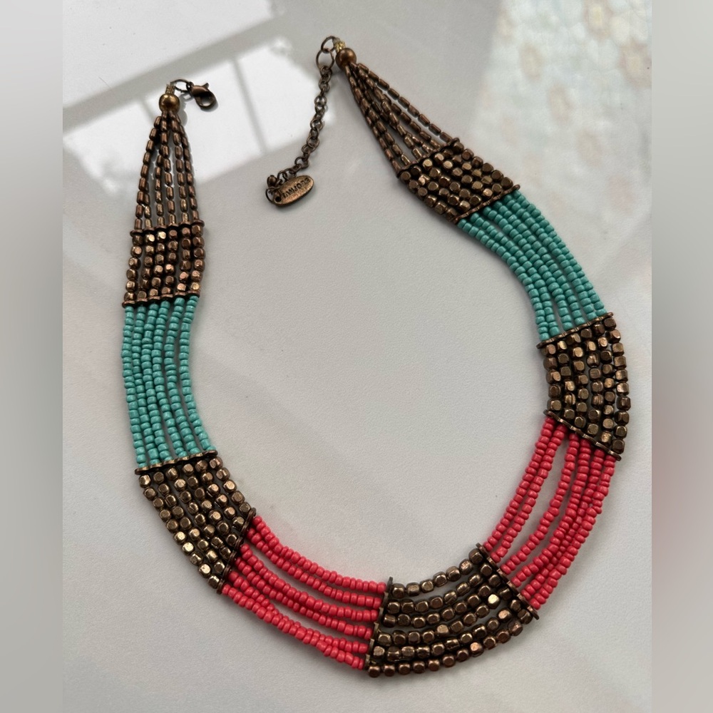 Stand Out Tanjore India Turquoise & Coral Colored Multi-Strand Bib Necklace - Picture 6 of 6